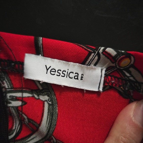 Vintage Y2K Yessica Red  Wheel Chain Print Maxi Dress Flutter Sleeve Square Neck - Picture 5 of 7